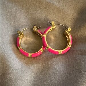 Gold Hoop Earrings with Pink Enamel Accents